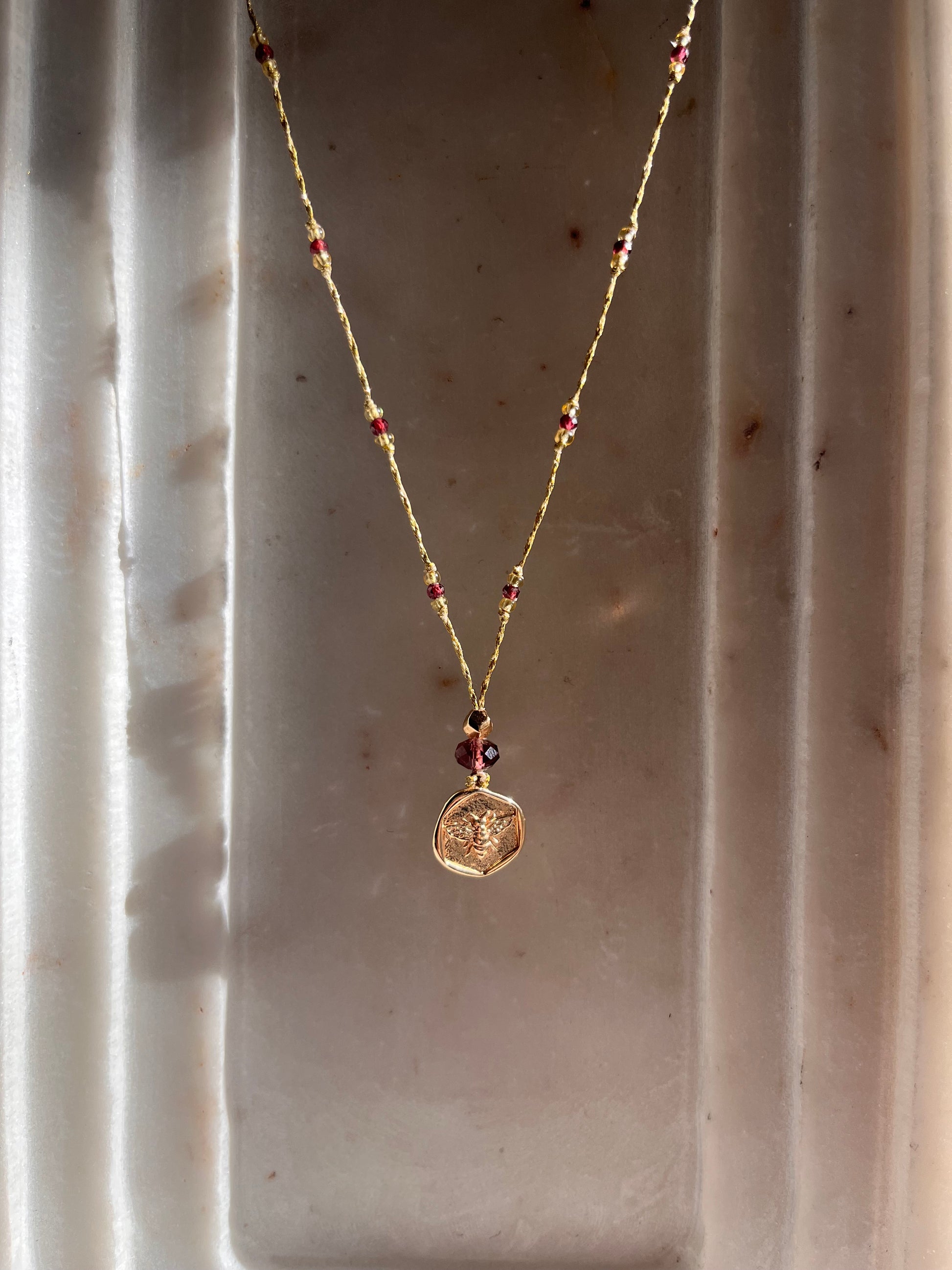 Bee Coin Necklace - Garnet - Thread and Stone Jewellery