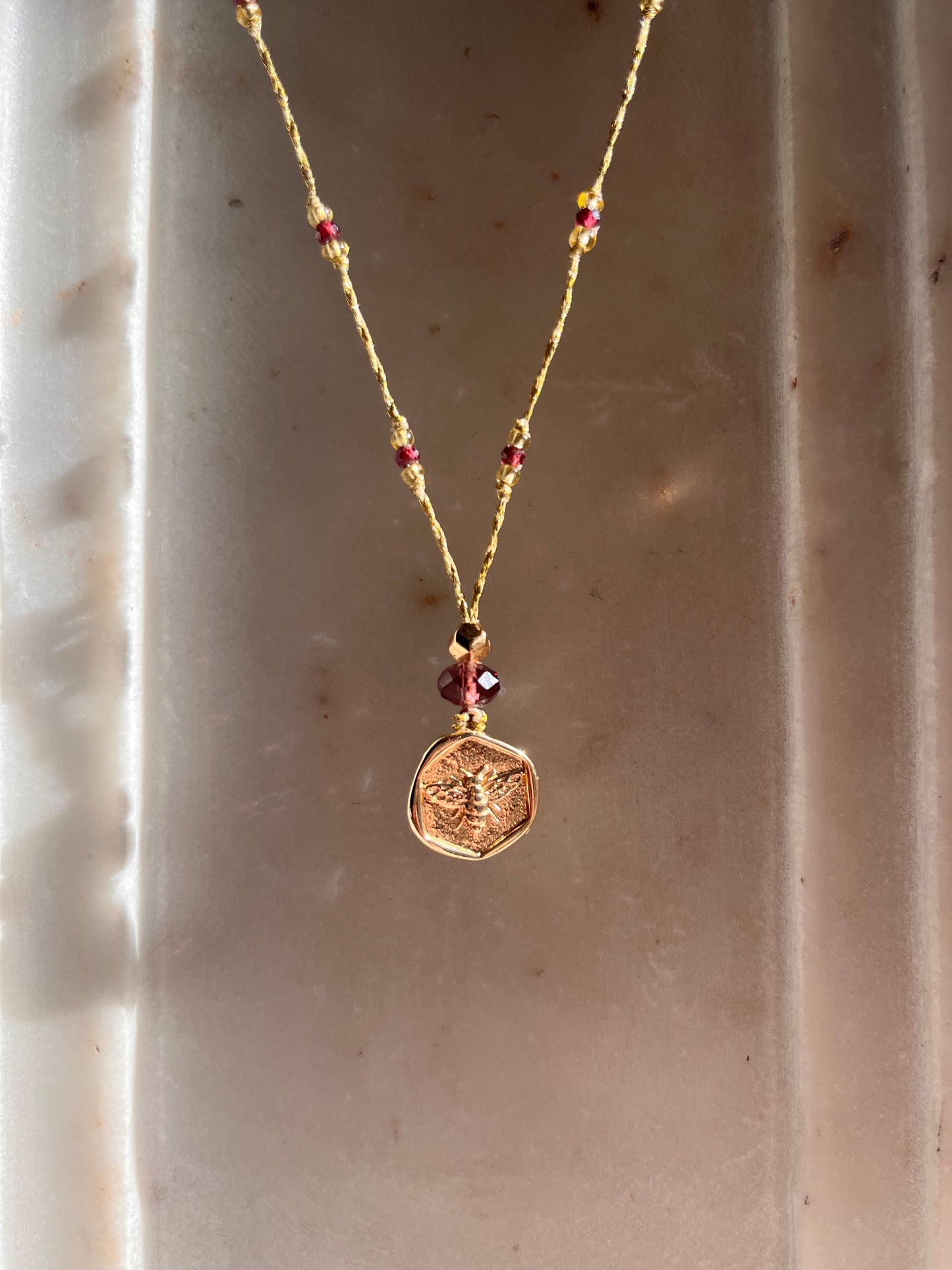 Bee Coin Necklace - Garnet - Thread and Stone Jewellery